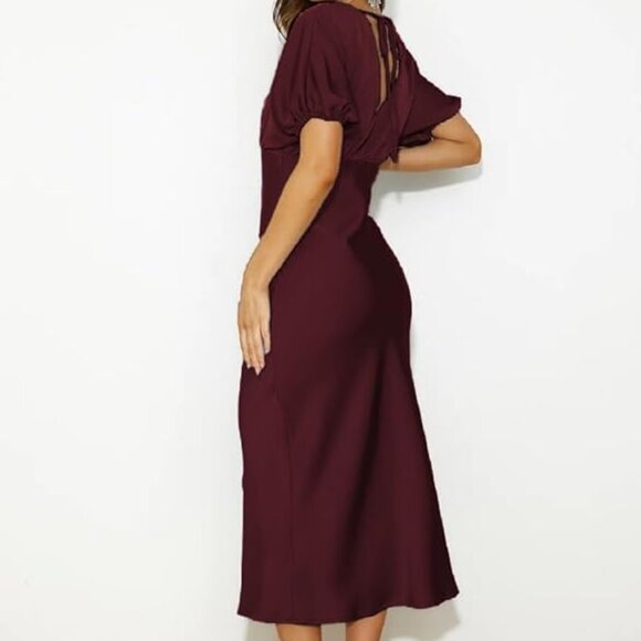 🍷 NWT Satin Midi Dress ✨ Open Back V-Neck Formal Gown | L - Picture 3 of 4